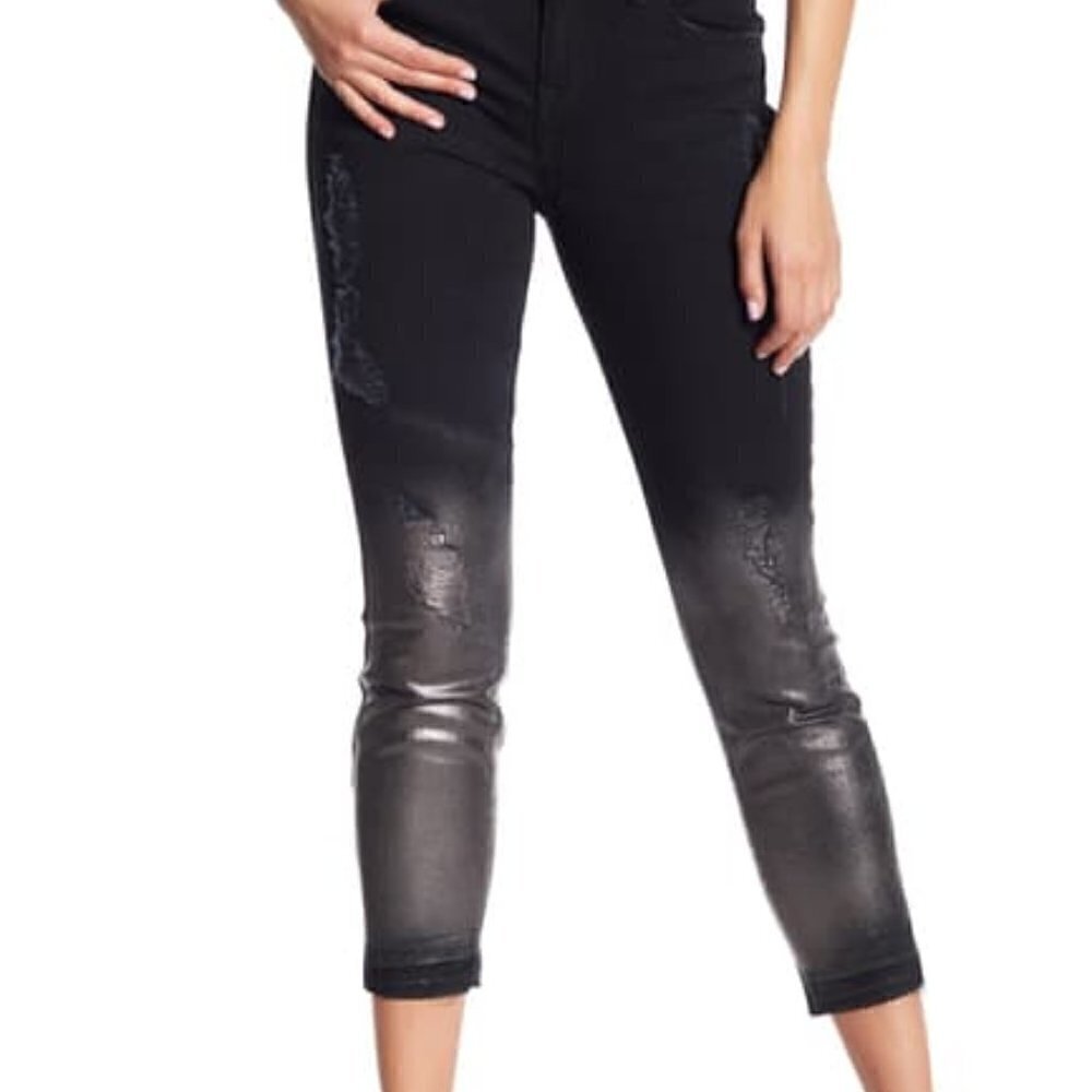 Level 99 Amber black metallic gold crop jeans dip dye distressing new 28